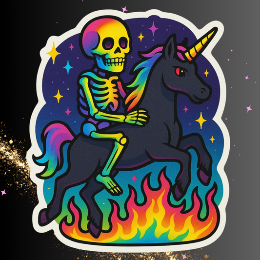 Rainbow Skeleton Riding a Glitter Unicorn