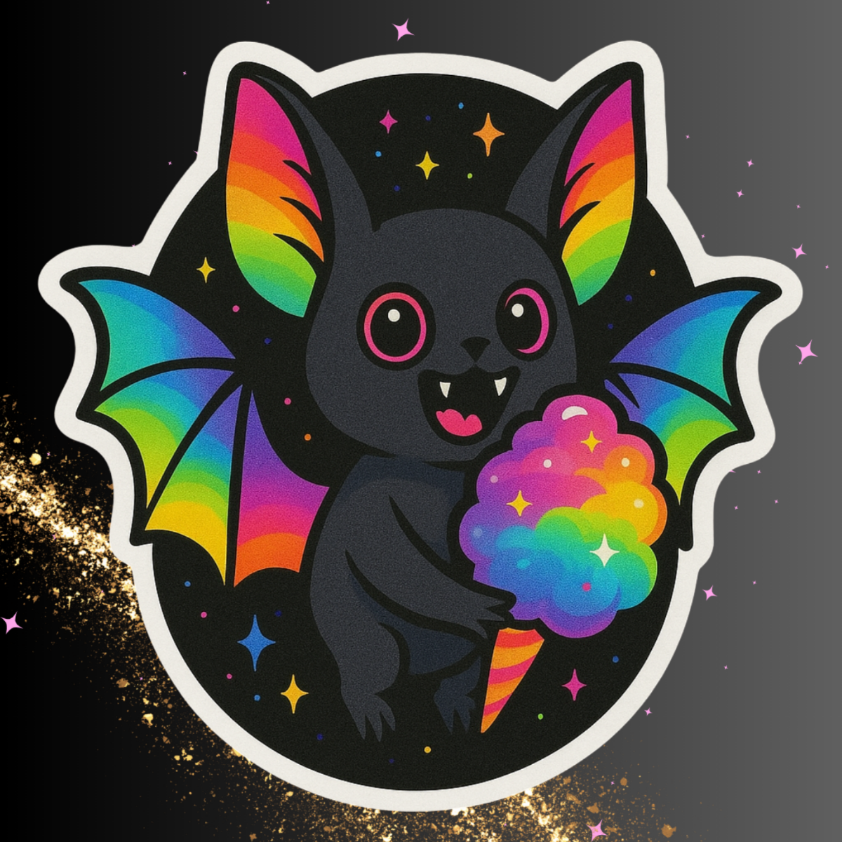 Rainbow Vampire Bat Eating Cotton Candy