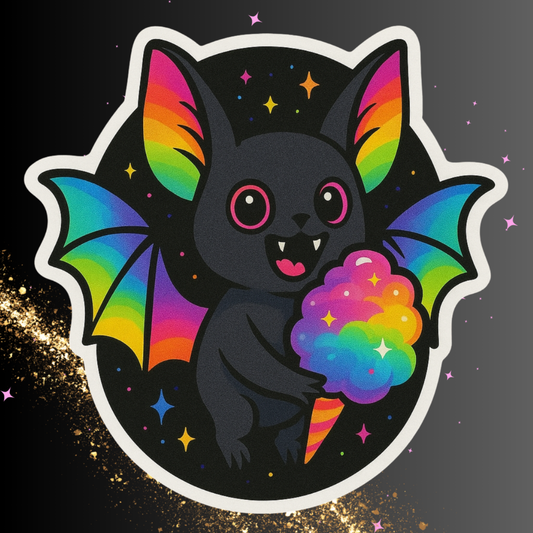 Rainbow Vampire Bat Eating Cotton Candy