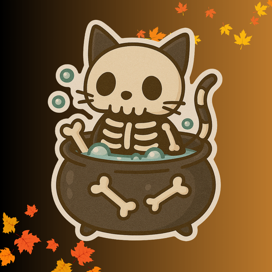 Skeleton Cat in a Cauldron